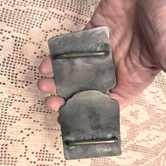 Distinctive Antique Cobalt Blue Enameled Brass Belt Buckle From China - c 1920 - Picture 3 of 8